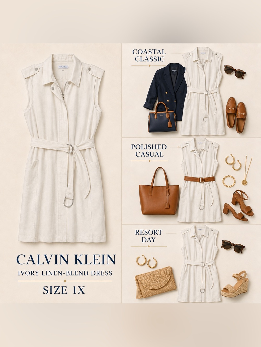 Calvin Klein Ivory Linen Blend Belted Utility Dress Size 1X
